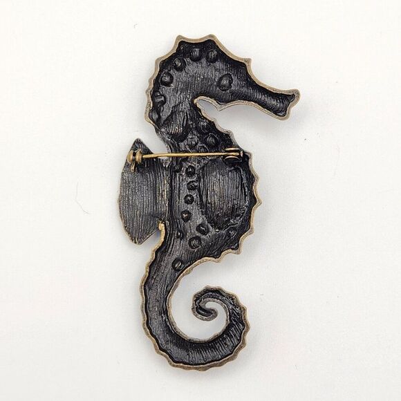 Rhinestone Seahorse Antique Gold Tone Brooch Pin Embellishment Jewelry Blue - Picture 2 of 4